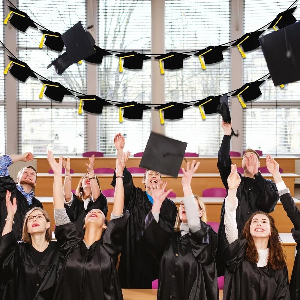 Graduation Cap Banner 2 Pack Black Yellow Tassel Mortarboard Garland 9.8ft Decor